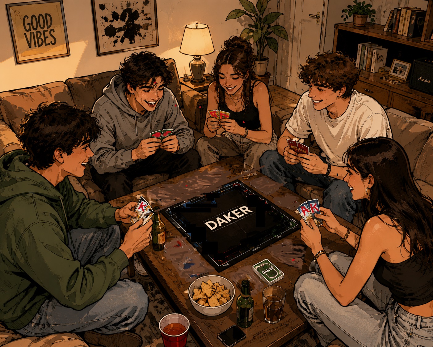 Amigos jugando a Daker en casa